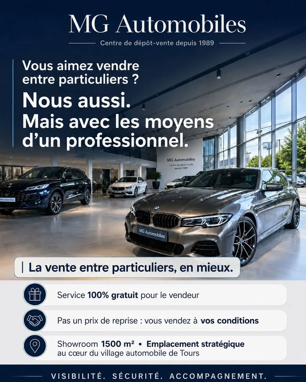 Le showroom de MG Automobiles, dépôt-vente automobile à Tours